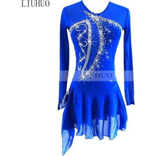 Customized Figure Skating Dress Costume Ice Skating skirt Classic blue Adult Girl Show Performance Rhinestone Competition