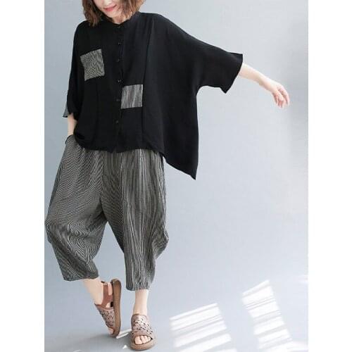 Large Size Fashion Suit Summer Loose Stitching Two-piece Female Round Neck Single-breasted Blouse + Elastic Waist Wide Leg Pants