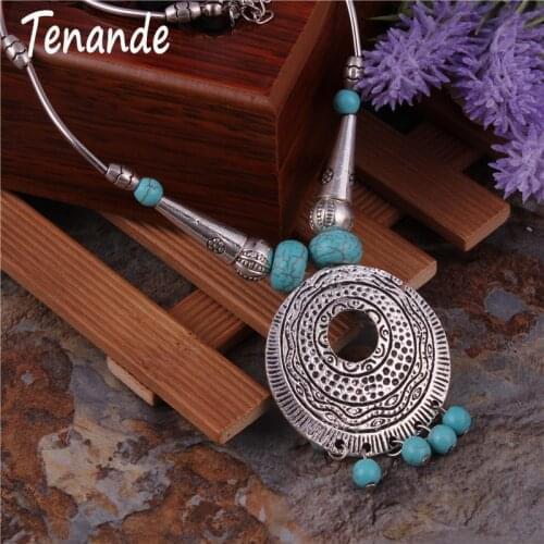 Tenande Vintage Boho Natural Stone Tibet Jewelry Hollow Carved Geometric Patterns Beads Tassel Necklaces & Pendants for Women
