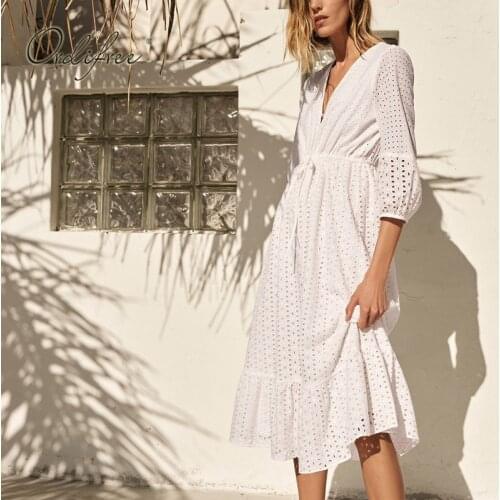 Ordifree 2021 Summer Women Long Party Dress Embroidery White Lace Maxi Tunic Beach Dress Vocation