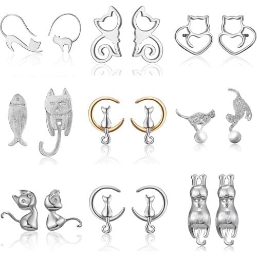 2020 Minimalist Jewelry Female Earrings Rhinestone Cat Earring Cute Cat Stud Earrings Hollow Cat Fish Animal Ear Stud Girls Gift