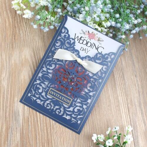 50Pieces/Lot) Blue Hollow Wedding Invitation With Bow Pink Beige Laser Cut Princess Cards For Sweet 16 Birthday Party