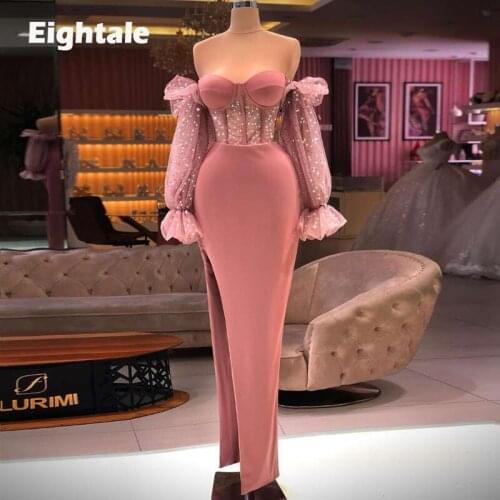 Eightale Dusty Pink Evening Dresses Arabic Long Puff Sleeves Mermaid Evening Gown Satin Party Dresses Celebrity Robe De Soire