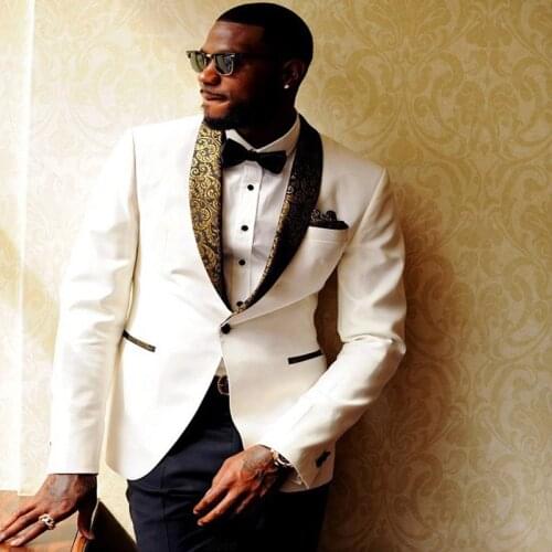 White Wedding Groom Tuxedos Slim Fit Men Suits Gold Floral Shawl Lapel 2 Piece African Fashion Prom Set Jacket with Black Pants