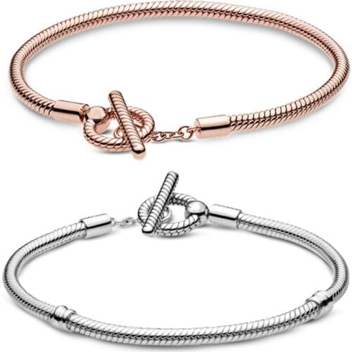 New 925 Sterling Silver Bracelet Shiny Snake Bone Circle T-Shaped Buckle Snake Chain Suitable For Original Ladies Luxury Jewelry