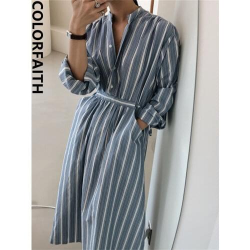Colorfaith New 2021 Women Autumn Winter Shirt Dresses Casual Striped Stand Collar Oversize Pockets Lace Up Long Dress DR7609