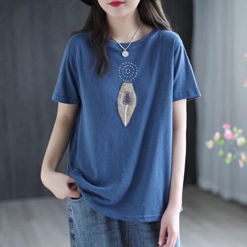 Summer Cotton T-shirt Womens New Loose Round Neck Retro Embroidery Patch Solid Color Wild Short-sleeved Shirt for Women