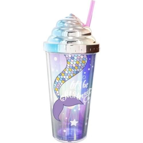 Cute Straw Cup with Sealing Cover Double-Layer Reusable Tumbler Cup with Mermaid Patterns BPA Free Summer