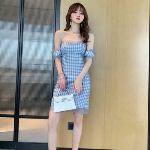 Summer Bodycon Sheath Dresses Strapless Short Sleeve Blue Plaid High End Women Dress Sexy Party Vacation Mini Dress Vestidos