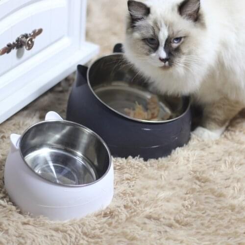 Cat Dog Bowl 15 Degrees Tilted Stainless Steel Cat Bowl Safeguard Neck Puppy Cats Feeder Non-slip Crashworthiness Base Pet Bowls