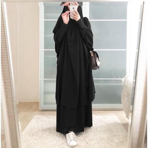 Islamic Womens 2021 Solid Color Robe Suit Dress Nida Khimar Muslim Womens Robe Prayer Clothes Turban Jilbab 2 Pcs