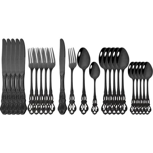 24pcs Dinnerware Stainless Steel Set Vintage Black Royal Spoons Forks Knives Kitchen Western Dinner Silverware Tableware Gift