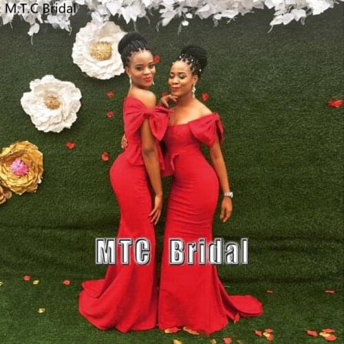 New 2021 Red Mermaid Bridesmaid Dress With Bow Off The Shoulder Elastic Satin Black Girls Wedding Party Gowns Plus Size