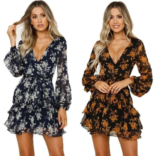 Autumn Lantern Long Sleeve Women Dress 2021 Office Lady V-neck Floral Print Boho Dress Ruffle A-line Short Dress Ladies Dresses