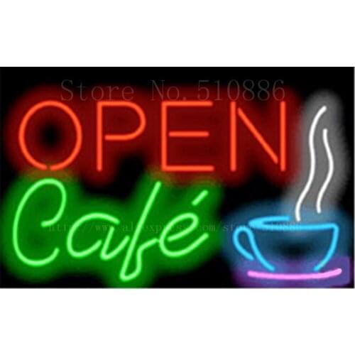 Open Cafe Neon sign Real Glass Tube Bulbs Light Bar Beer Club Custom Store Decoration Signboard Leisure drink 17"x14"