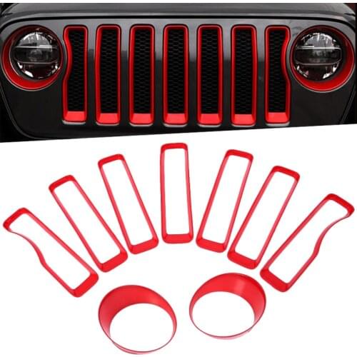 Front Grille Grill + Front Head Lights Lamp Ring Cover Accessories Exterior Trim ABS For Jeep Wrangler JL 2018 Red Color