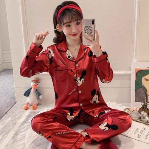 Mickey mouse girl sleepwear girl cartoon pajamas home clothing Long sleeves trousers summer Silk imitation Homewear suit set