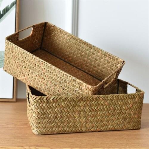 Hand-woven Storage Basket Grass Woven Rectangular Storage Basket Storage Container Sundries Organizer Home Decor