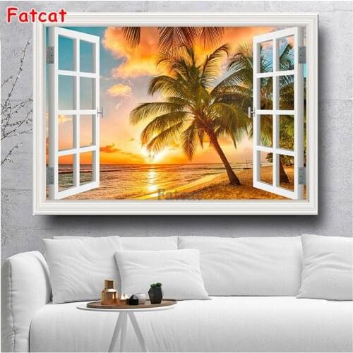 Full Square Diamond Painting Window Sea Beach Cross Stitch Embroidery Needlework Set Nature Landscape Crafts Kit Wall Art PP1881