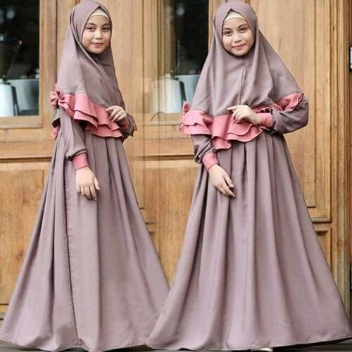 Casual Muslim Childrens Dress Set, Long Sleeve Round Neck Solid Color One Piece Dress Turban Autumn 2-7 Years