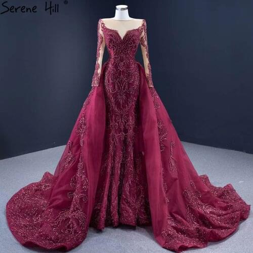 Serene Hill Muslim Wine Red With Train Wedding Dresses 2021 Mermaid Beading Luxury Elegant Bridal Dress HM67250 Custom Made