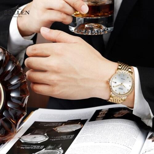 SOLLEN Brand Mens Watch Automatic Mechanical Watch Diamond Display Dial Steel Band Calendar Mens Watch Sapphire Mirror Watch