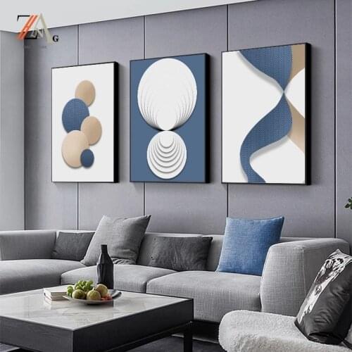 Modern abstract style poster blue white gold geometric wall art canvas painting nordic print living room decoration wall picture