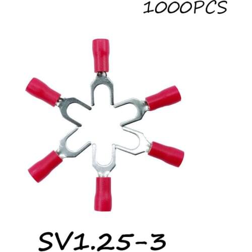 SV1.25-3 1000PCS/Pack Red Insulated Spade Terminal Block Connector Electrical Furcate Lug Crimp Cable Wire Forked End Insulation