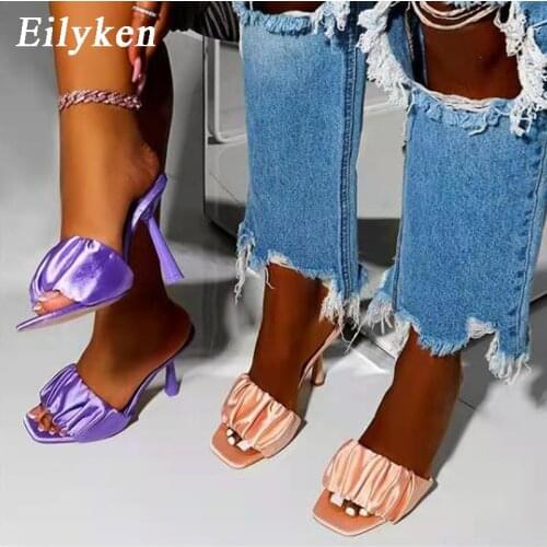 Eilyken Fashion Pleated Women Slippers Square Open Toe Slippers Slip On Slides Summers Beach Shoes Black Purple Champagne
