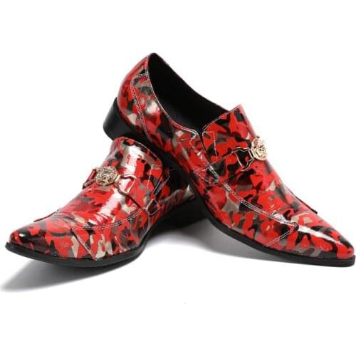 Fashion printing red and white color men Patent leather shoes Banquet and Party men handmade Plus size male dress flats