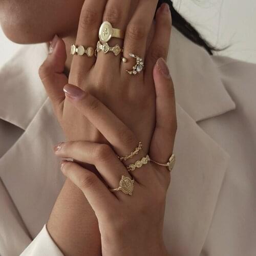 TIMEONLY Unique Design Bling Bling Rhinestones Circle Rings Set Irregular Metal Coin Cross Open Ring for Women Girls Jewellery