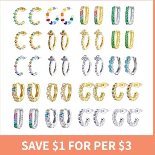 BISAER Round Hoop Earrings For Women 925 Sterling Silver Trendy Jewelry Earrings Colorful Zircon Crystals Huggie Earring ECE1014