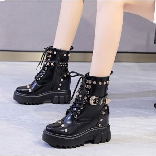 Spring Autumn Fashion Rivet Metal Buckle Strap Height Increasing Platform Genuine Leather Women Mid-Calf Half Equestrian Boots