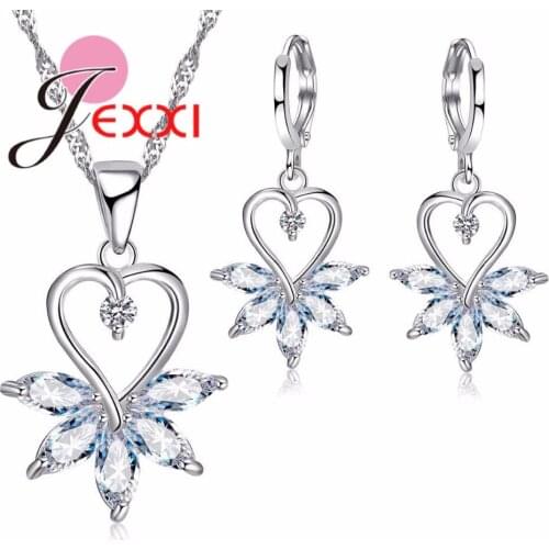 925 Sterling Silver Bridal Wedding Jewelry Sets For Woman Heart Pendants Necklaces Earrings Set With Cubic Zircon Crystal