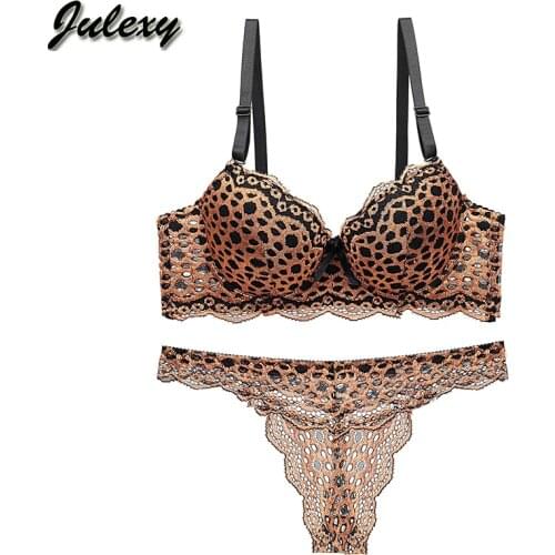 Julexy New 2020 leopard print sexy hollow out bra set lace push up A B C Cup underwear set