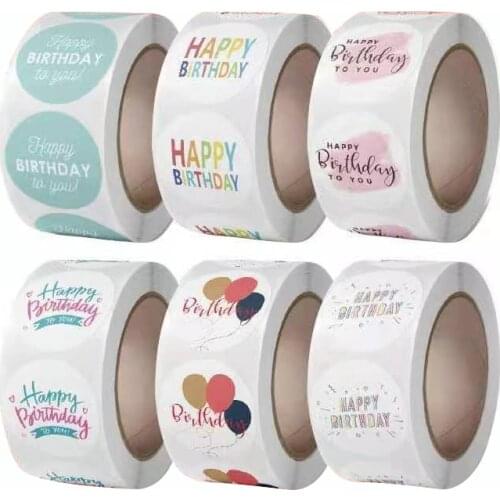 1Inch 500Pcs Happy Birthday Packing Sticker Round Craft Sticker Child Birthday Gift Sealing Sticker Packing Decoration Labels