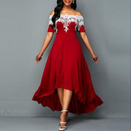 OTEN Bohemian Summer Women Holiday Beach Maxi Dress Sexy Lace Patchwork Off Shoulder Solid Big Swing High Low Ruffles Dress