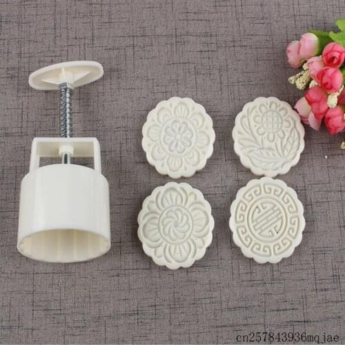 20 Sets 100g Round Shape Cake Molds Hand Pressure Tools with 4 Stamps Fish Bird Flower Design Mooncake Bean Moulds