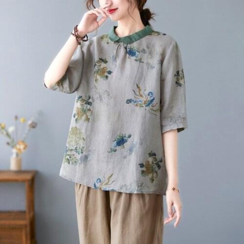 Women Cotton Linen Casual T-shirts New 2021 Summer Vintage Style Floral Print Loose Comfortable Female Half Sleeve Tops B612