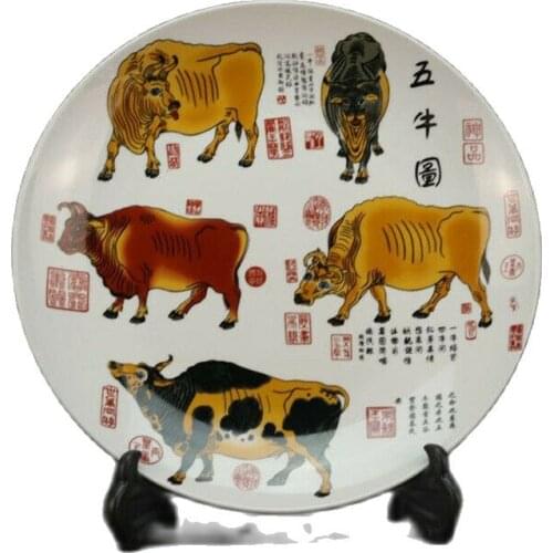 China Old porcelain Pastel 《Five ox picture》large porcelain plate
