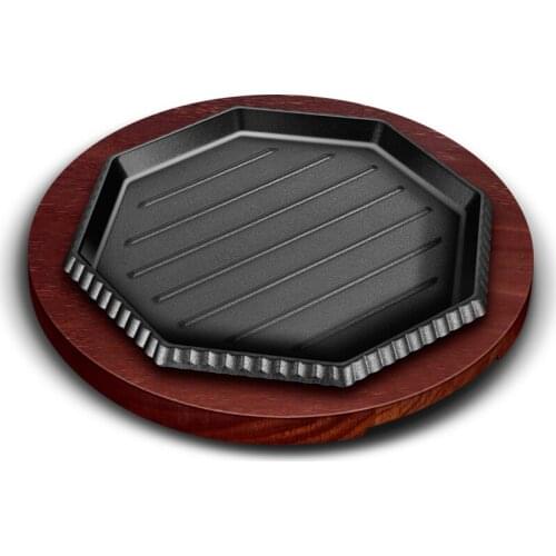 Korean cast iron bstripe arbecue steak plate fried food grill barbecue commercial household use pan baking cooking pot wood tray