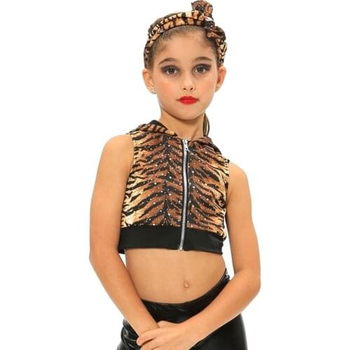 MiDee Jazz Short Top for Boys and Girls Leopard Print Hooded Sleeveless Coat Women Hip-hop Dance Stage Costume Neutral Wear