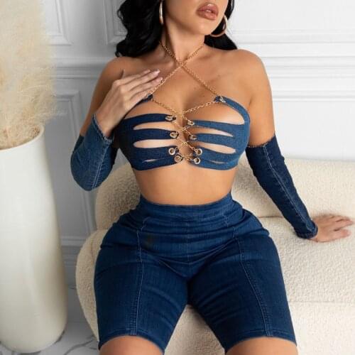 2021 Summer Chain Color Patchwork Jeans Vest with Gloves Fitness Strapless Crop Top Sexy Night Club Design Sense Slim Tank