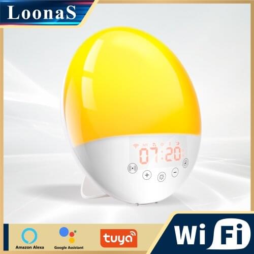 Tuya Smart WiFi Wake Up Light Sunrise Alarm Clock 7 Colors Sunrise/Sunset FM Radio Digital Nightlight For Alexa Google Home
