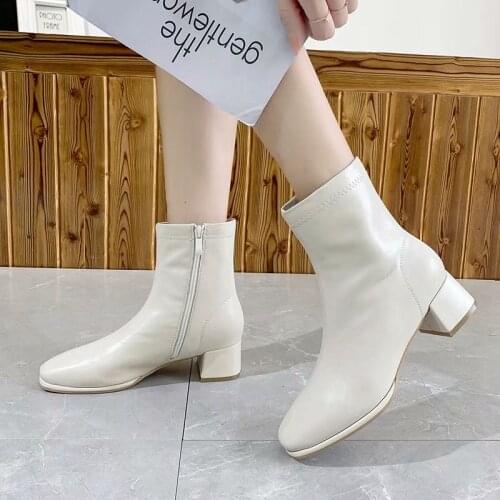 Fashion PU Leather Boots Mid Heel Ladies Shoes Women Ankle Boots Side Zipper Short Boots for Women Shoes Drop Ship