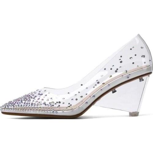 Moraima Snc Spring Newset Wedge High Heel Shoes Sexy Pointed Toe Crystal Embellished Party Wedding Heels Transparent PVC Pumps