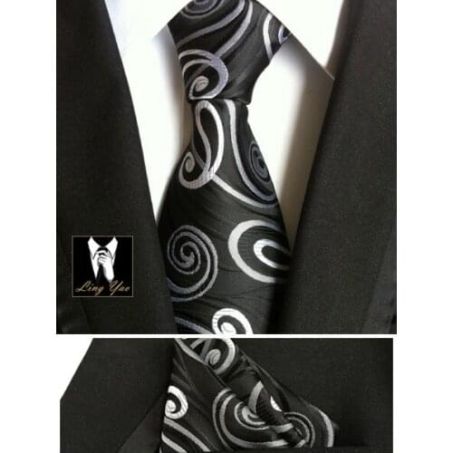 8cm Men Formal Neck Ties Set with Handkerchief Black with White Classic Paisley Gravata Sets