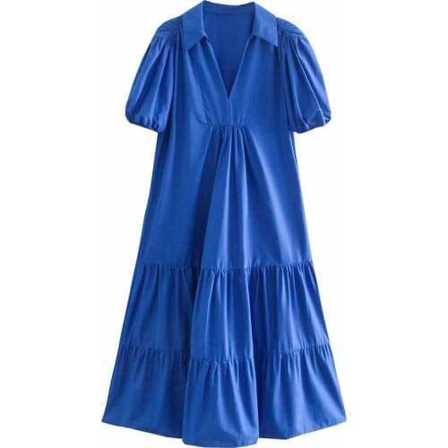 New Women Vogue Cotton Shirt Dress Short Puff Sleeves Elegant Chic Lady Poplin Loose Maxi Dresses Woman Robe