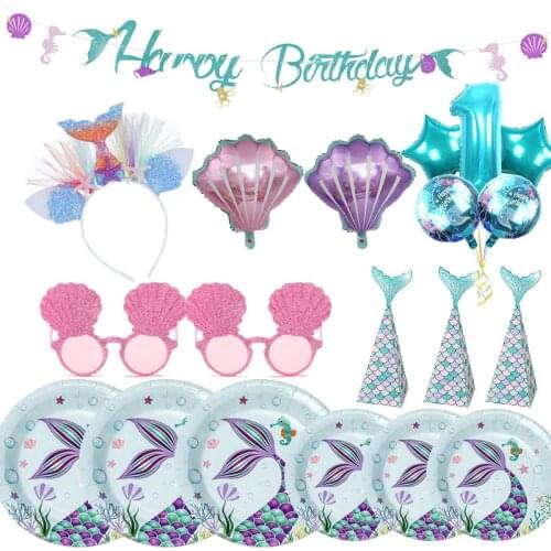 Mermaid Birthday Party Disposable Tableware Little Mermaid Party Balloon Decor Girl First Birthday Party Supplies WQ02