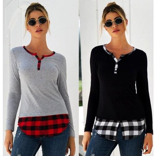 Autumn V-Neck Casual T-shirt with Plaid Collar Long Sleeve Tops Black Grey Women Shirts Fashion Woman Clothes